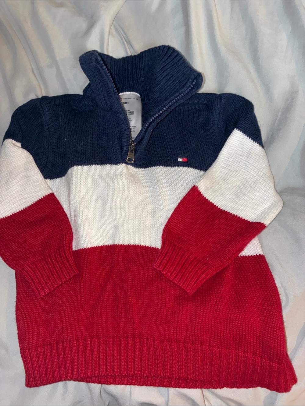 Tommy Hilfiger Navy White Red Zip-Neck Colorblock Sweater